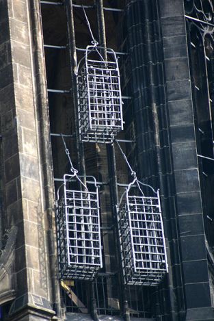 Burar längs med S:t Lamberti kyrka som katolikerna hängde upp Münsterrebellerna i efter att de torterats